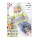 Baby in double knit outfit with matching scarf, teddy bear, and King Cole logo on a white background