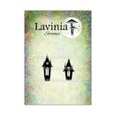 Lavinia Stamps logo card featuring two black gothic tower stamp designs on a pastel marbled background with the text 'Lavinia Stamps' and a moon emblem.