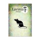 A rectangular product card or packaging insert for Lavinia Stamps, featuring a black silhouette of a rat and a black ink stamp design of a pagoda under a full moon, set against a textured pastel multicolor background.