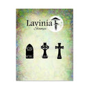Lavinia Stamps black rubber stamp set featuring three tombstone-shaped stamps, displayed on a textured green and yellow background card with the Lavinia Stamps logo.
