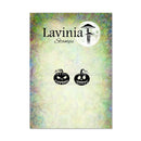 A rectangular product card for Lavinia Stamps featuring a mottled pastel background with green, yellow, and lavender tones, black brand text at the top, a white moon graphic, and two black jack-o'-lantern stamp designs near the bottom.