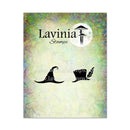 Lavinia Stamps logo card featuring a colorful marbled background in green, yellow, and blue tones, with the brand name 'Lavinia Stamps' and a black stamp impression of a wave and leaf.