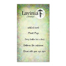 A vertical product card for Lavinia Stamps featuring a marbled pastel background in green, yellow, and beige tones, with the brand name, logo, and several inspirational phrases printed in black text.