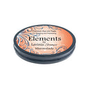 A round Elements by Lavinia Stamps Marmalady premium dye ink pad in a dark navy blue container with a peach and white patterned lid, shown on a plain white background.
