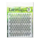 Lavinia Stencil brand stencil sheet with a repeating ornate damask-style cutout pattern, shown in its retail packaging with a green and white header card.