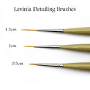 Three fine detail paint brushes with pale olive-green handles and silver ferrules, shown in three tip sizes labeled 1.5cm, 1cm, and 0.