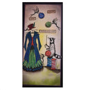 A framed vertical art print featuring whimsical craft-themed illustrations: a blue and green dress on a hanger, a raccoon holding a red button, thread spools, fairy-like figures, and decorative text labels on a textured cream background.