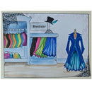 A fashion boutique illustration featuring a blue long gown displayed on a mannequin, with colorful clothing racks, handbags, and a sign reading 'Boutique' in the background.