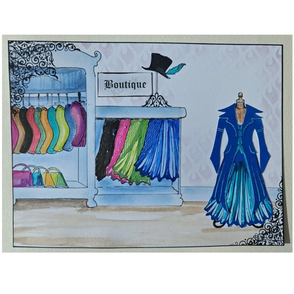 A fashion boutique illustration featuring a blue long gown displayed on a mannequin, with colorful clothing racks, handbags, and a sign reading 'Boutique' in the background.