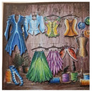 A colorful mixed-media painting depicting a whimsical vintage sewing room scene with various garments on hangers, sewing spools, a dress form, and plants against a rustic wooden wall.