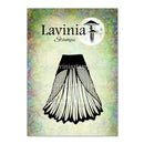A rectangular printed card or package front for Lavinia Stamps, featuring a black pleated skirt illustration centered on a mottled pastel background with green, yellow, and blue tones. The Lavinia Stamps logo appears at the top, and website text is overlaid across the center.