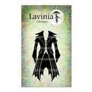 Lavinia Stamps brand card featuring a black silhouette of a hooded cloaked figure on a textured pastel green and blue background, with the Lavinia Stamps logo at the top.