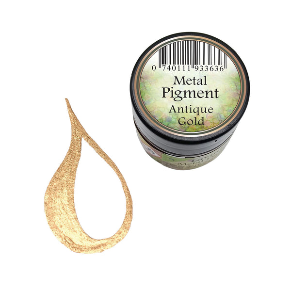A small round jar labeled 'Metal Pigment Antique Gold' next to a textured gold pigment smear on a plain white background.