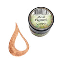 A small round tin labeled 'Metal Pigment Copper' next to a metallic copper-colored pigment smear on a plain white background.