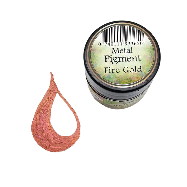 A small jar labeled 'Metal Pigment Fire Gold' shown beside a teardrop-shaped swatch of the pigment color on a plain white background.