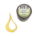 A small round tin labeled 'Metal Pigment Gold' next to a teardrop-shaped smear of metallic gold pigment on a plain white background.