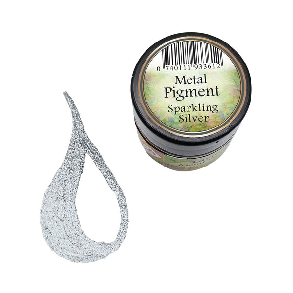 A small jar of metallic pigment labeled 'Metal Pigment Sparkling Silver' shown next to a textured silver smear on a plain white background.