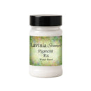 A jar of Lavinia Stamps Pigment Fix water-based pigment powder, featuring a black lid and a green and yellow marbled label on a white background.