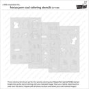 Three translucent gray coloring stencils with cat-shaped cutout designs, shown on a white background with product title text and a Larkoo logo. The image explains that these stencils are used to color code Hocus Purr-cus! stamps.