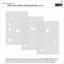 Three light gray coloring stencil sheets with moth-shaped cutouts, shown on a white background with product title text and branding for Lavender Lawn Favors.