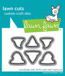 Lawn Fawn custom craft dies set titled 'lawn cuts' on a teal branded card. The card shows six metal die outlines in a white speech-bubble style panel, with the Lawn Fawn logo and a small white deer illustration at the top.
