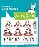 Halloween-themed clear stamps with witch hats and text, branded 'Lawn Fawn', on a blue background.