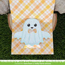A cute ghost-shaped decoration or card featuring a light blue ghost with a yellow bow tie, displayed on a yellow and white gingham background with a green grass-like surface.