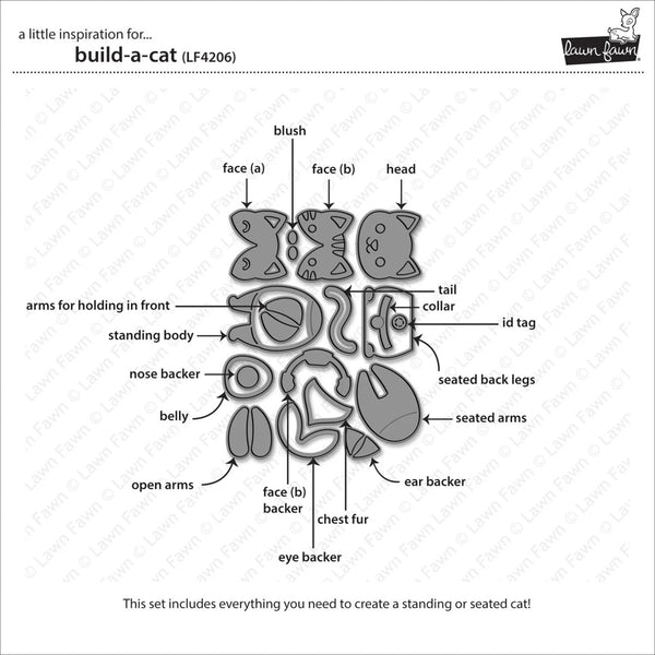 A black and white instructional diagram titled 'build-a-cat' showing labeled body parts and assembly instructions for a cat figure, with the brand name 'Lawn Lawn Fawn' visible in the corners.