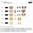 A printed/digital craft instruction sheet titled 'build-a-dog' showing five steps to assemble different dog face designs. The sheet features rows of colored paper cutouts and assembled dog face examples, with text instructions below.