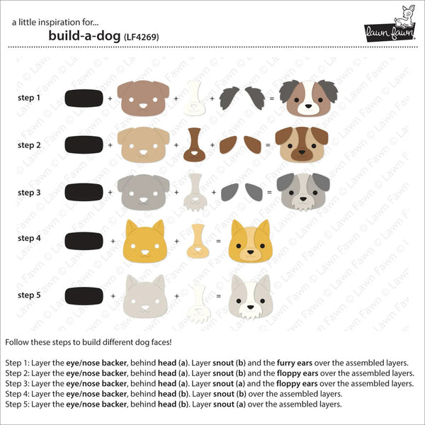 A printed/digital craft instruction sheet titled 'build-a-dog' showing five steps to assemble different dog face designs. The sheet features rows of colored paper cutouts and assembled dog face examples, with text instructions below.