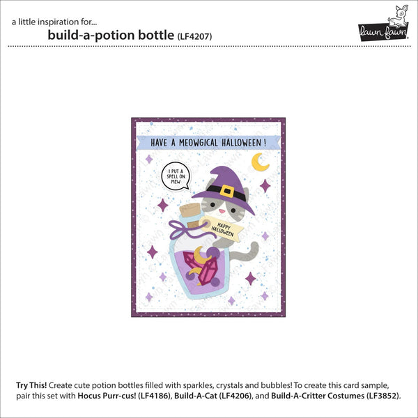 A product listing page showing a Halloween-themed card design sample titled 'build-a-potion bottle' with the text 'HAVE A MEWDIGITAL HALLOWEEN!' and an illustration of a cat in a witch hat inside a potion bottle. The page includes branding for 'Barnes & Noble' and product code LF4207.