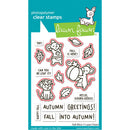 Lawn Fawn photopolymer clear stamps featuring fall mice and autumn-themed phrases, shown on a branded teal backing card with white, black, and red stamp elements.