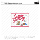 A product listing card for a holiday greeting set featuring cartoon dogs and the words 'Seasons Greetings' inside a pink scalloped border, with brand text 'Lawn Fawn' and product code 'LF4274' shown on a white background.
