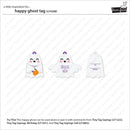 A product sheet showing three white ghost-shaped tags with Halloween-themed designs and text fields. The left tag has a smiling face and a small orange pumpkin; the middle tag says 'TRICK or TREAT' in purple; the right tag has 'TO' and 'FROM' lines.
