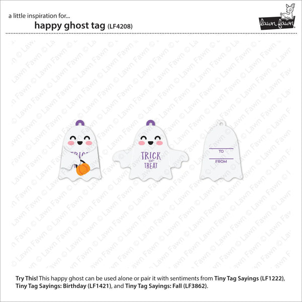 A product sheet showing three white ghost-shaped tags with Halloween-themed designs and text fields. The left tag has a smiling face and a small orange pumpkin; the middle tag says 'TRICK or TREAT' in purple; the right tag has 'TO' and 'FROM' lines.