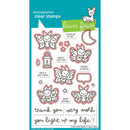 A photopolymer clear stamp sheet from Lawn Fawn featuring cute cartoon moths, stars, a moon, and autumn-themed phrases. The sheet has a teal border with the Lawn Fawn logo and shows multiple die-cut stamp designs outlined in red.