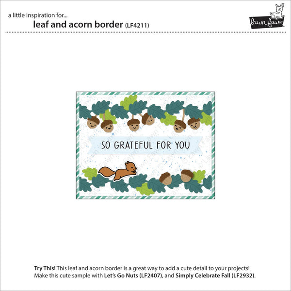 A product information card for a scrapbooking paper design by Paper Routes, titled 'leaf and acorn border (LF4211)'. The card displays a cute autumn-themed border design with acorns, squirrels, and the text 'SO GRATEFUL FOR YOU' on a white background with a light blue center banner.