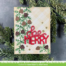 A handmade Christmas greeting card with a beige plaid background, green pine branches, brown pinecones, and red glittery 'Merry' lettering, styled with green pine branches on a dark gray background.
