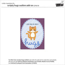 A product information card for a craft add-on. The central design shows a cartoon orange tabby cat with the text 'I LOVE MEW SO MUCH! hugs' on a purple and blue scalloped oval background.