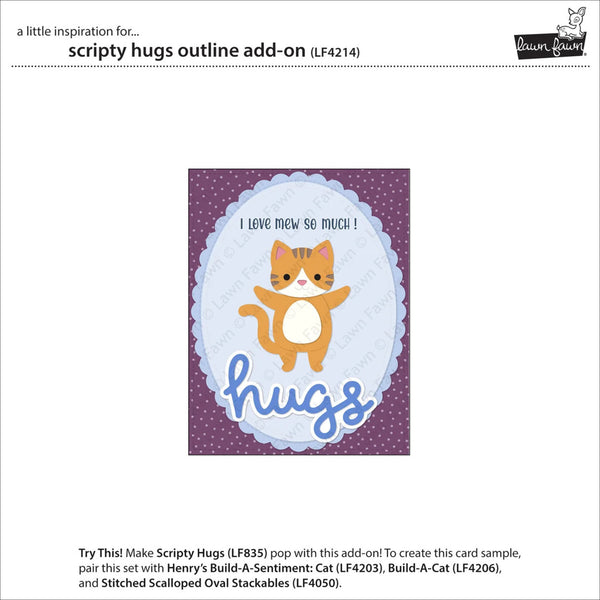 A product information card for a craft add-on. The central design shows a cartoon orange tabby cat with the text 'I LOVE MEW SO MUCH! hugs' on a purple and blue scalloped oval background.