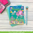 Colorful card with underwater design and pen on wooden surface