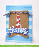 Card with a lighthouse design and 'thanks' text on a blue wave background