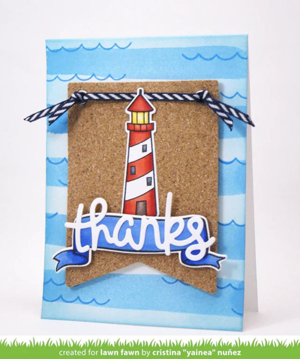Card with a lighthouse design and 'thanks' text on a blue wave background