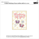 Product packaging for 'Scripty Thinking of You' outline add-on with butterflies and text on a white background.