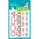 Lawn Fawn photopolymer clear stamps sheet featuring cartoon squirrel illustrations, speech bubbles, paw prints, and humorous text phrases on a teal and white background.