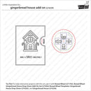 A product information card for a gingerbread house add-on from Paper Queen. It shows a black-and-white line drawing of a decorated gingerbread house with the text 'HAVE A SWEET CHRISTMAS!' and a circular reveal-wheel graphic showing included template pieces.