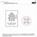 A product information graphic for a craft stamp set. It shows a black-and-white gingerbread house stamp design with the text 'HAVE A SWEET CHRISTMAS! FROM OUR FAMILY TO YOURS,' a red dashed outline indicating a drop-down effect, and a circular reveal-wheel preview on the right.