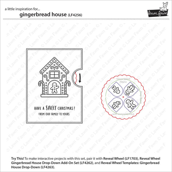 A product information graphic for a craft stamp set. It shows a black-and-white gingerbread house stamp design with the text 'HAVE A SWEET CHRISTMAS! FROM OUR FAMILY TO YOURS,' a red dashed outline indicating a drop-down effect, and a circular reveal-wheel preview on the right.