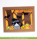 A handmade Halloween greeting card featuring a black cat in a witch hat surrounded by pumpkins, bats, and spooky trees, with the text 'HAVE A MEOWGICAL DAY!'.