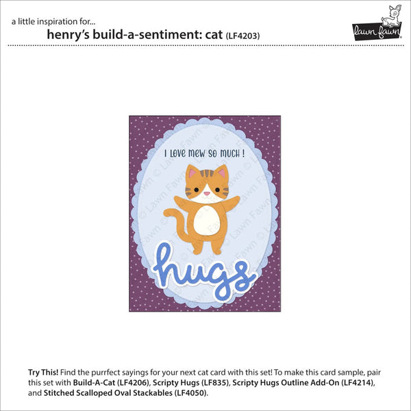 A product information card for a craft embellishment set by Purritt's Quill. The central image shows a sample card featuring an orange tabby cat hugging a white ball with the text 'I LOVE MEW SO MUCH! hugs' on a purple and white scalloped background.